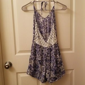 Blue and White Romper with Crocheted Back